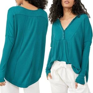 Free People Leo Oversized Henley Waffle Knit Teal Green Thermal Size XL